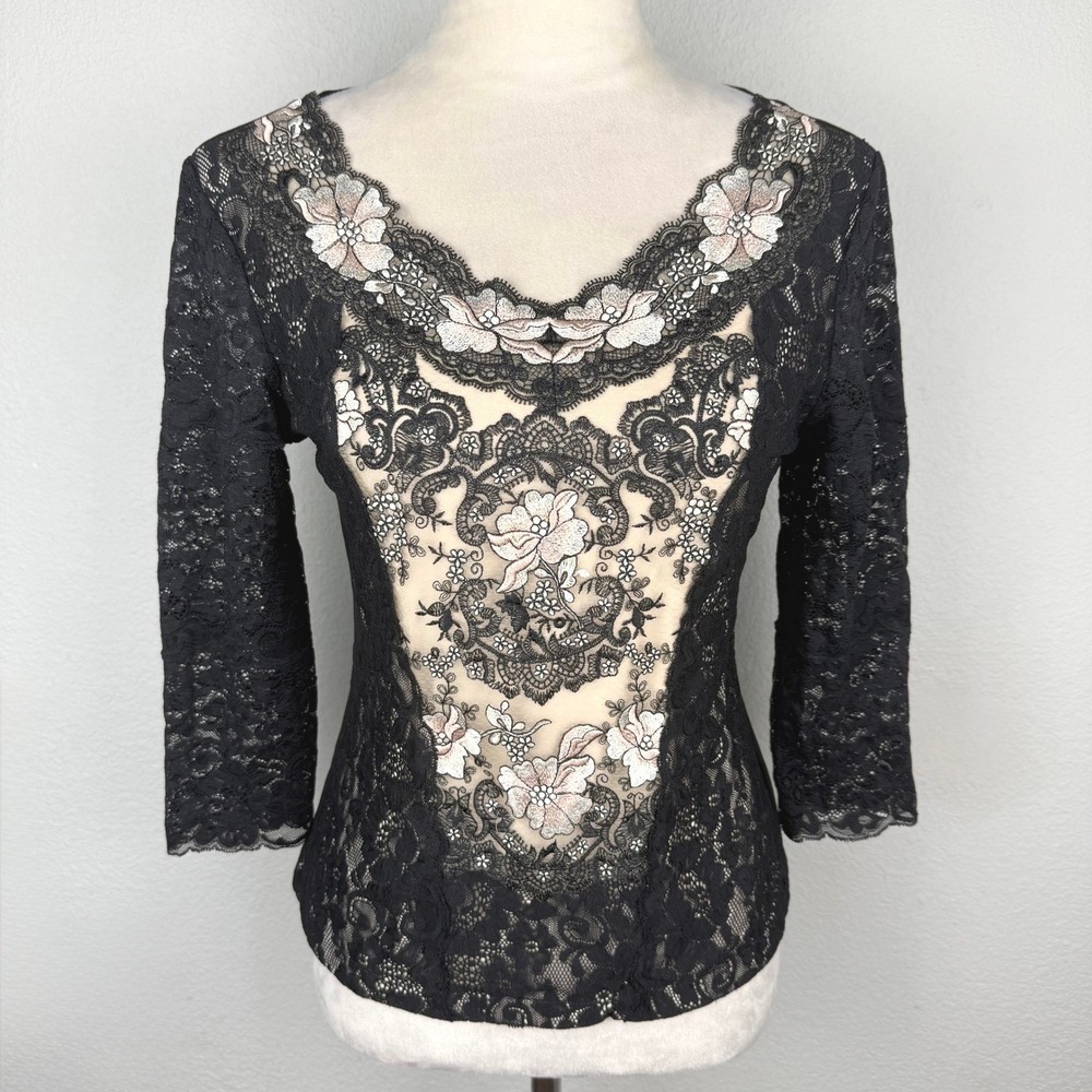 Y2K Black Floral Embroidered Lace Top 3/4 Sleeve Scoop Neck Whimsigoth Blouse